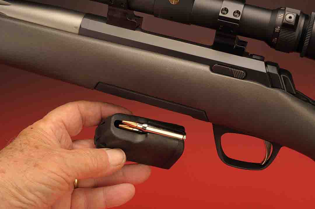 The magazine holds five rounds and is all polymer in design. Cartridges rotate inside when loading, and with straight alignment right into the chamber assure flawless operation.